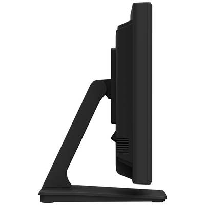 Zijaanzicht van een computerbeeldscherm op een standaard. Het scherm is naar rechts gericht en vertoont geen inhoud.
