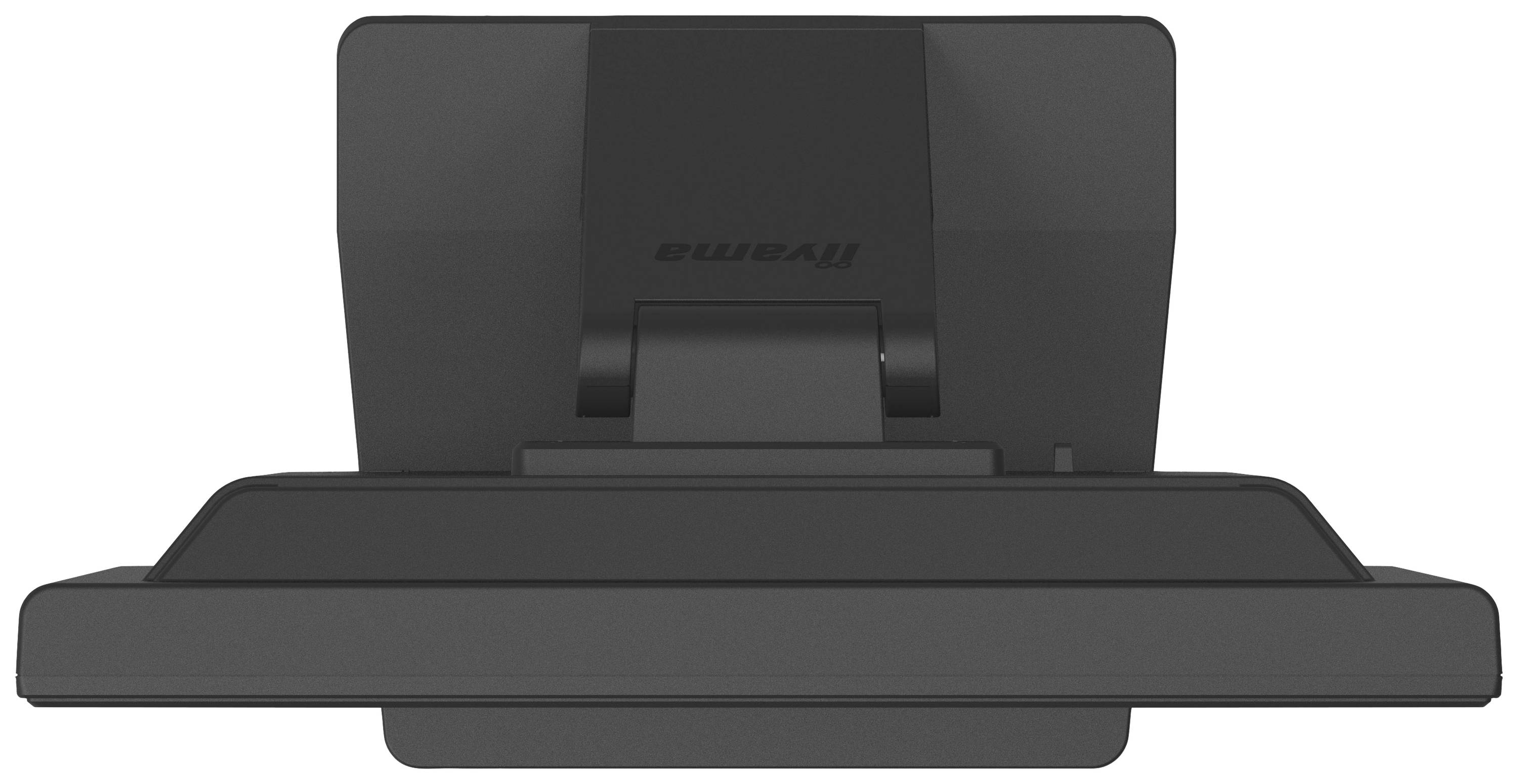 Een zwarte monitor van bovenaf gezien, met een rechthoekige voet en opvouwbare standaard.