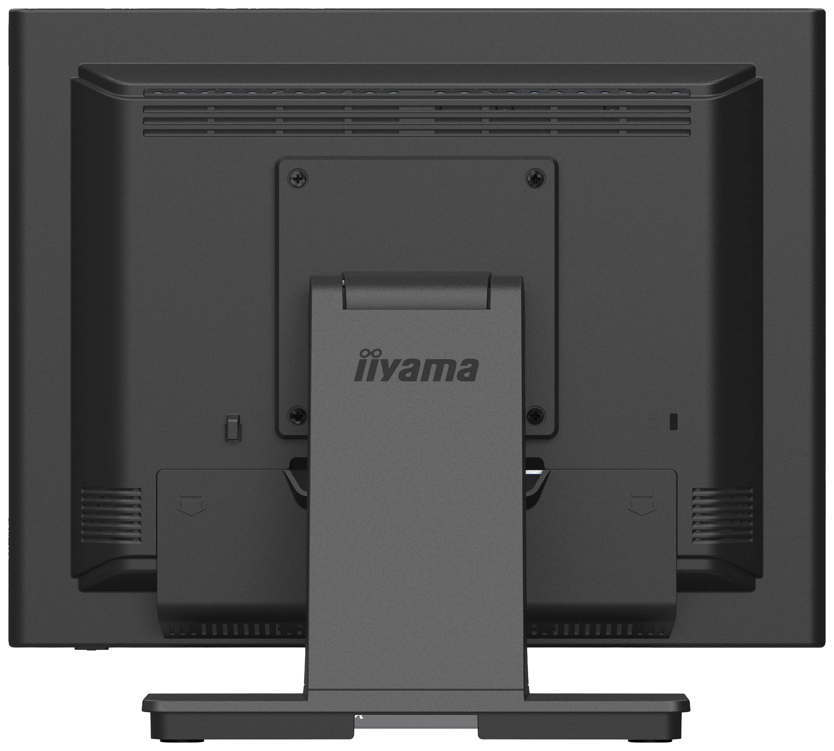 Een monitor van achteren, met de merknaam 'iiyama' zichtbaar op de voet.