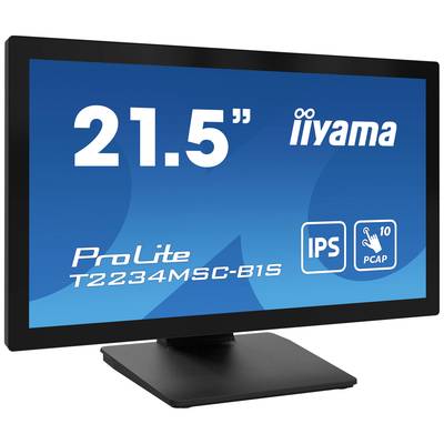 Monitorscherm met de tekst '21.5" iiyama ProLite T2234MSC-B1S', IPS-symbool en touchfunctie 'PCAP 10 punten' op een blauwe achtergrond.