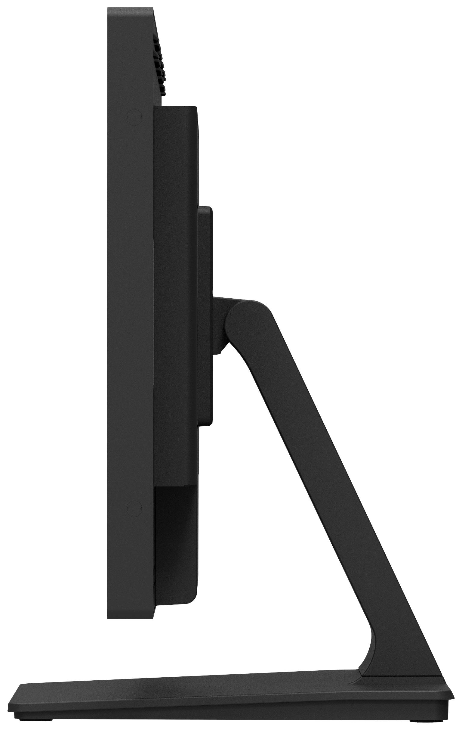 Een zwarte computermonitor staat schuin afgebeeld, waarbij het slanke profiel en de stabiele voet worden getoond.