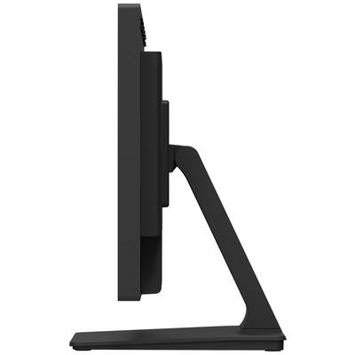Een zwarte computermonitor staat schuin afgebeeld, waarbij het slanke profiel en de stabiele voet worden getoond.