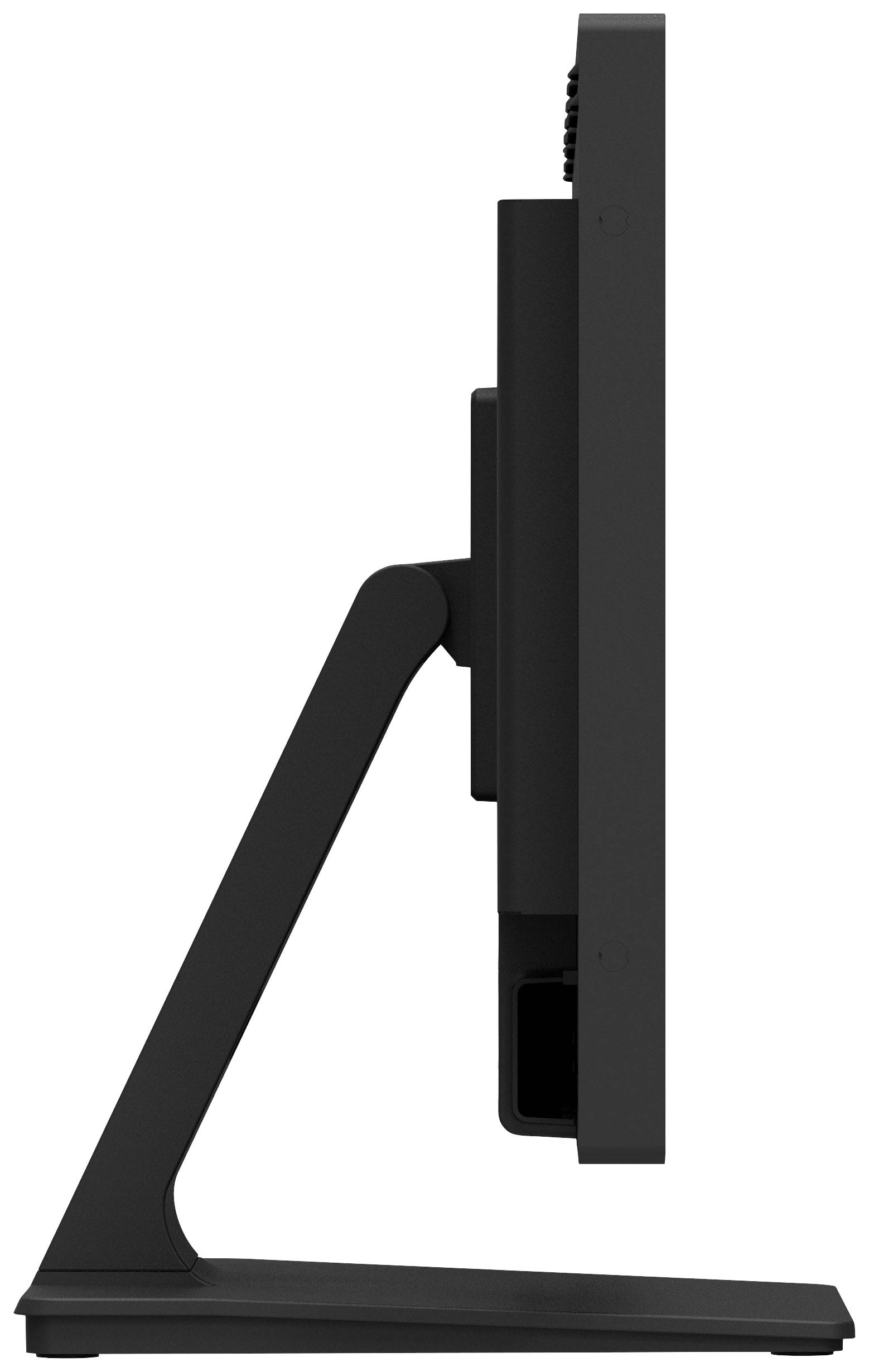 Zijaanzicht van een zwarte computermonitor met een slanke, moderne voet die geschikt is voor rechtopstaande weergave.