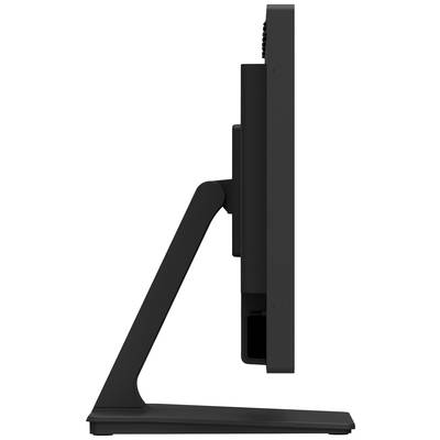 Zijaanzicht van een zwarte computermonitor met een slanke, moderne voet die geschikt is voor rechtopstaande weergave.
