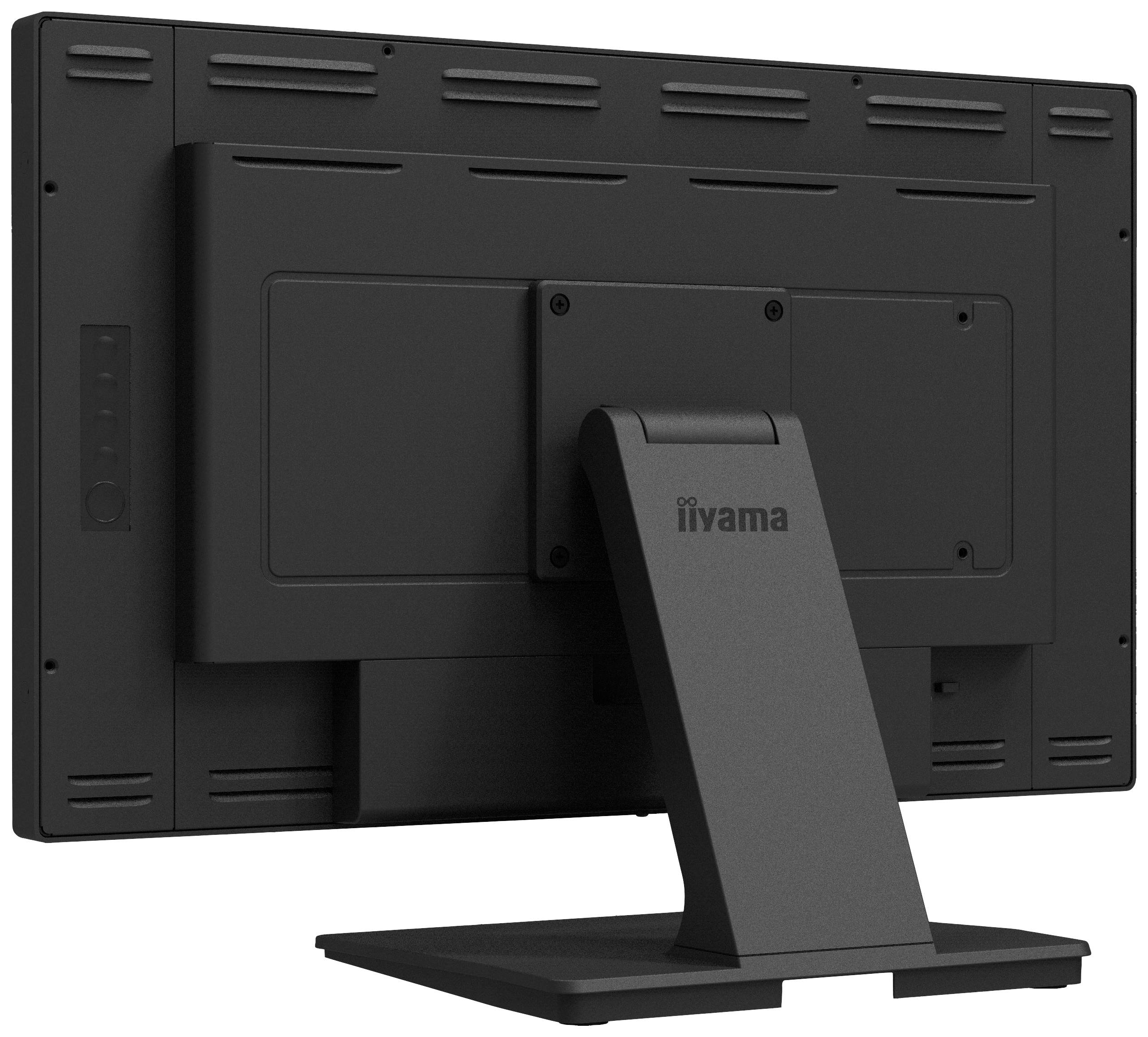Een zwarte computermonitor van achteren. De standaard draagt het merklogo. Geen zichtbare beeldscherminhoud.