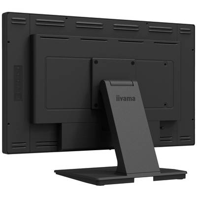 Een zwarte computermonitor van achteren. De standaard draagt het merklogo. Geen zichtbare beeldscherminhoud.