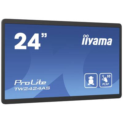Monitorscherm met blauwe achtergrond, toont '24"' en 'ProLite TW2424AS'. Bevat symbolen voor aanraakbediening en PCAP.
