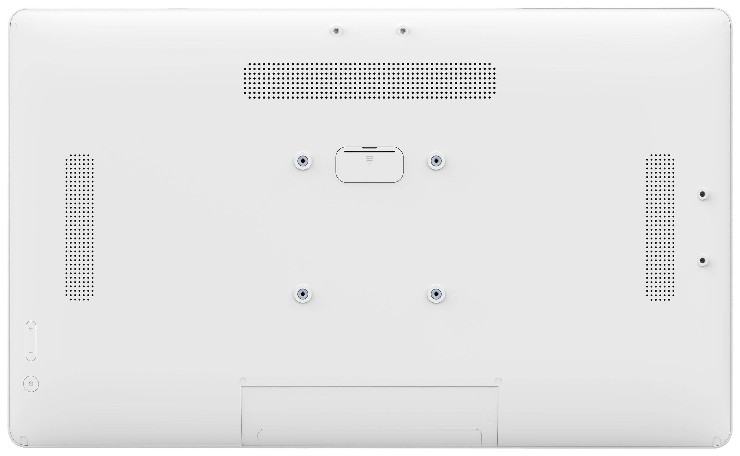 Achterzijde van een witte beeldscherm met ventilatiesleuven en bevestigingspunten, geschikt voor wandmontage.