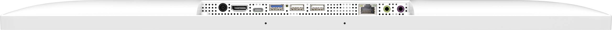 Achterkant van een elektronisch apparaat met verschillende aansluitingen, waaronder USB-, HDMI- en audio-aansluitingen, tegen een witte achtergrond.