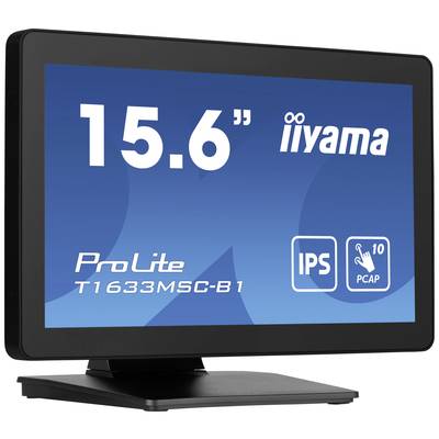 Een 15,6-inch-monitor van Iiyama, model ProLite T1633MSC-B1, met IPS-technologie en 10-punts touchfunctie.