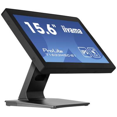 Touchscreen-monitor van 15,6 inch van Iiyama, model ProLite T1633MSC-B1. Toont '15,6'' Iiyama' en 'IPS' op het scherm.