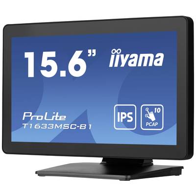 Een 15,6 inch monitor van iiyama, model 'ProLite T1633MSC-B1' met IPS-technologie en 10-punts touchscreen, weergegeven op een standaard.