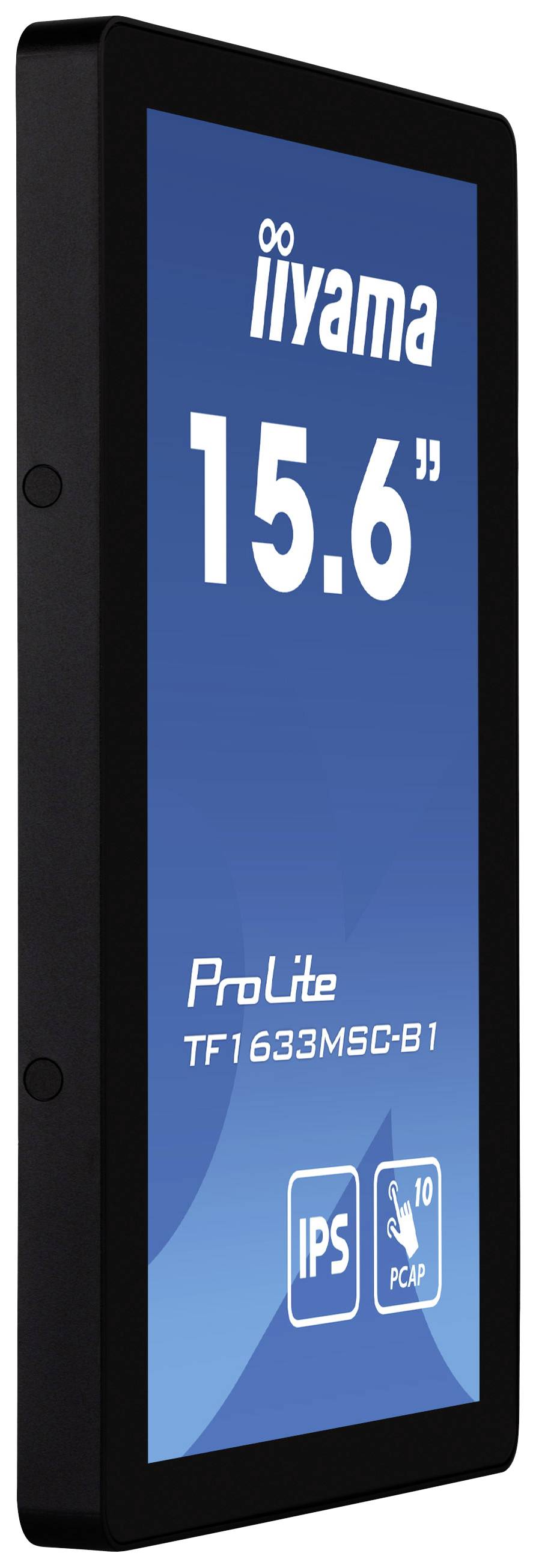 Een 15,6-inch scherm van iiyama, model 'ProLite TF1633MSC-B1', met IPS- en PCAP-technologie, verticaal georiënteerd.