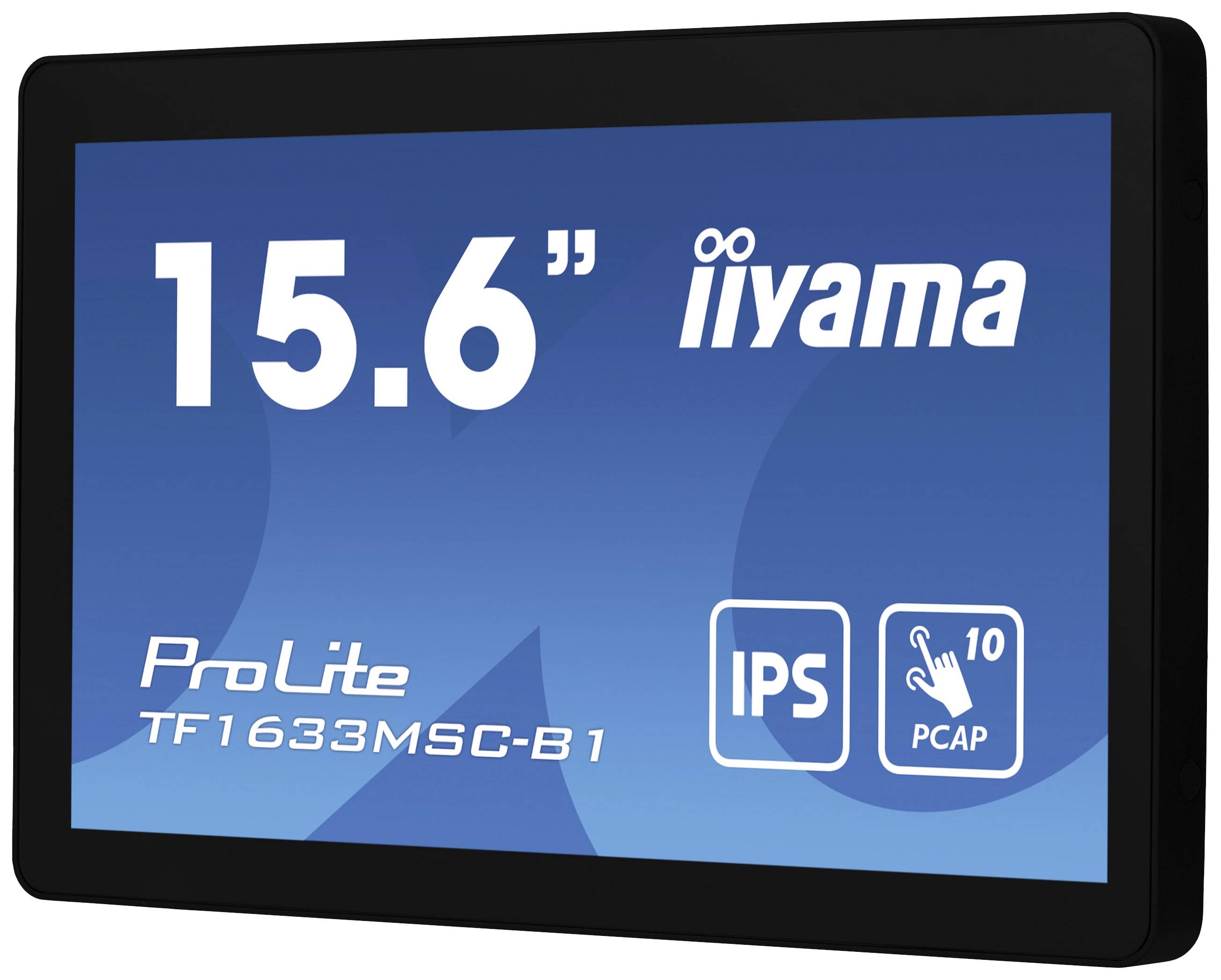 Een 15,6-inch monitor van Iiyama met modelnummer 'ProLite TF1633MSC-B1'. Hij beschikt over IPS-technologie en een 10-punts touchscreen.