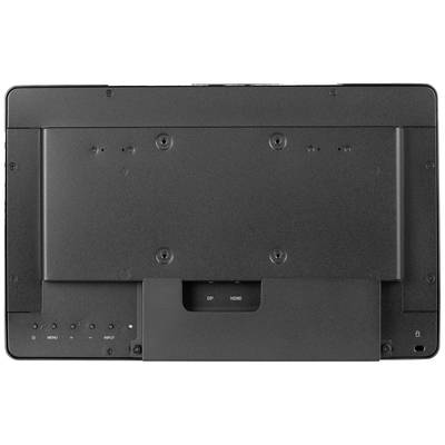 Achterkant van een monitor met aansluitingen en knoppen. Zichtbaar zijn de aansluitingen voor DisplayPort en HDMI, evenals bedieningsknoppen.