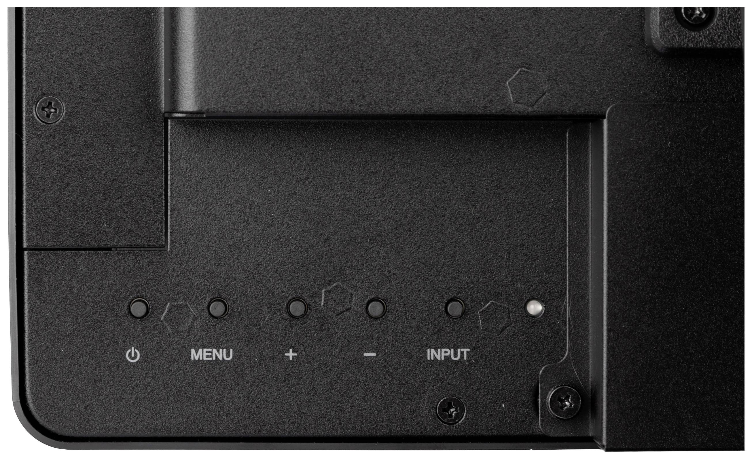De afbeelding toont de zijtoetsen van een monitor met de opties: Aan/uit, 'MENU', Volume regelen en 'INPUT'.