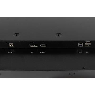 Achterkant van een elektronisch apparaat met aansluitingen: DC-IN, DP, HDMI en twee USB-poorten, geschikt voor verschillende verbindingen.