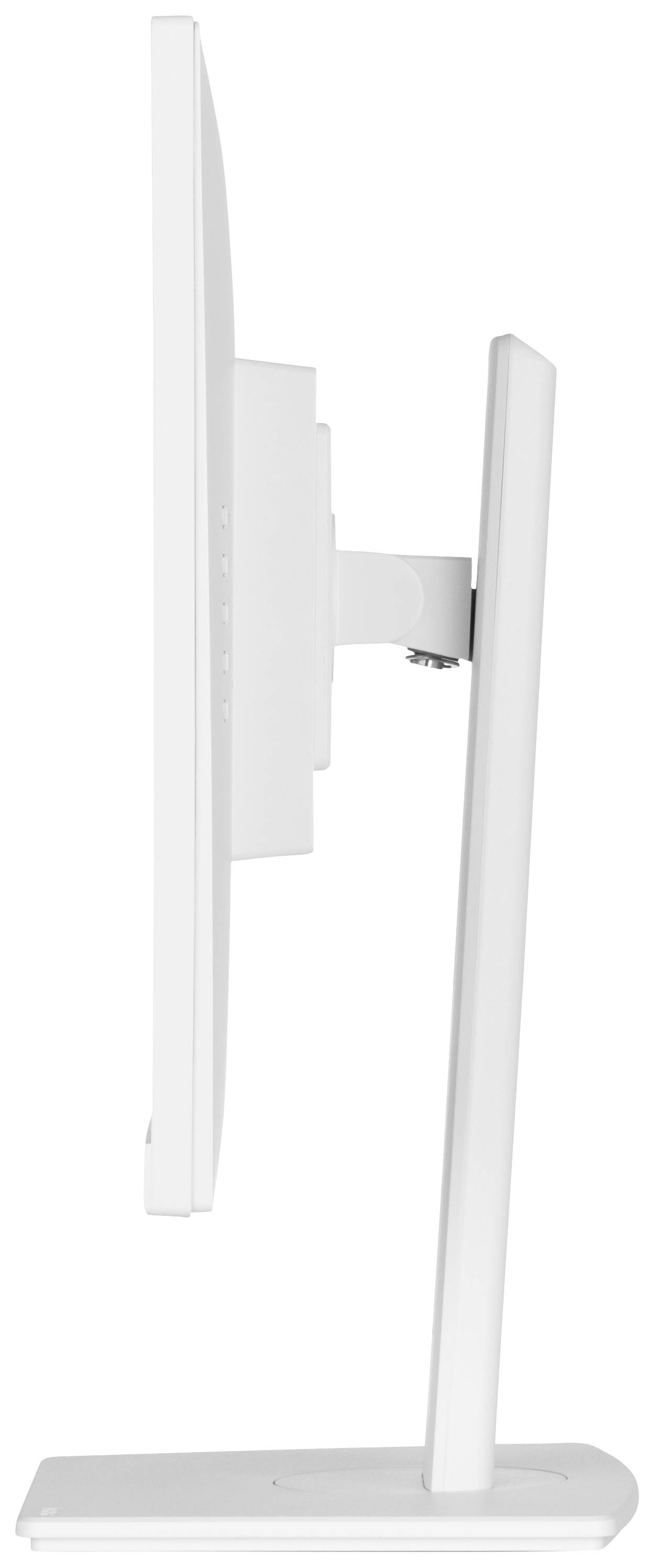 Een witte flatscreen-monitor gezien van opzij, gemonteerd op een verstelbare standaard.