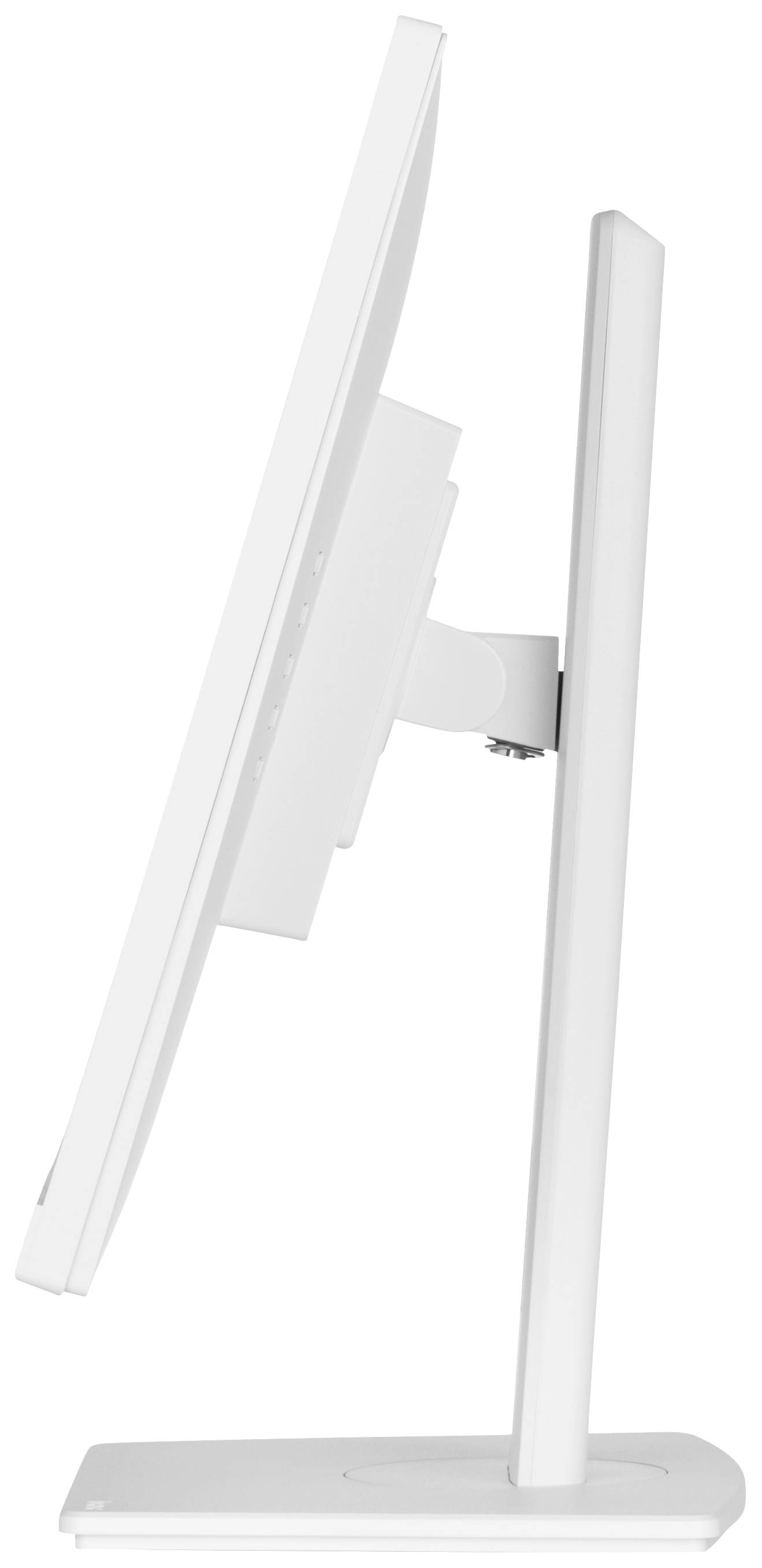 'Zijaanzicht van een slanke, moderne computermonitor op een verstelbare standaard.'