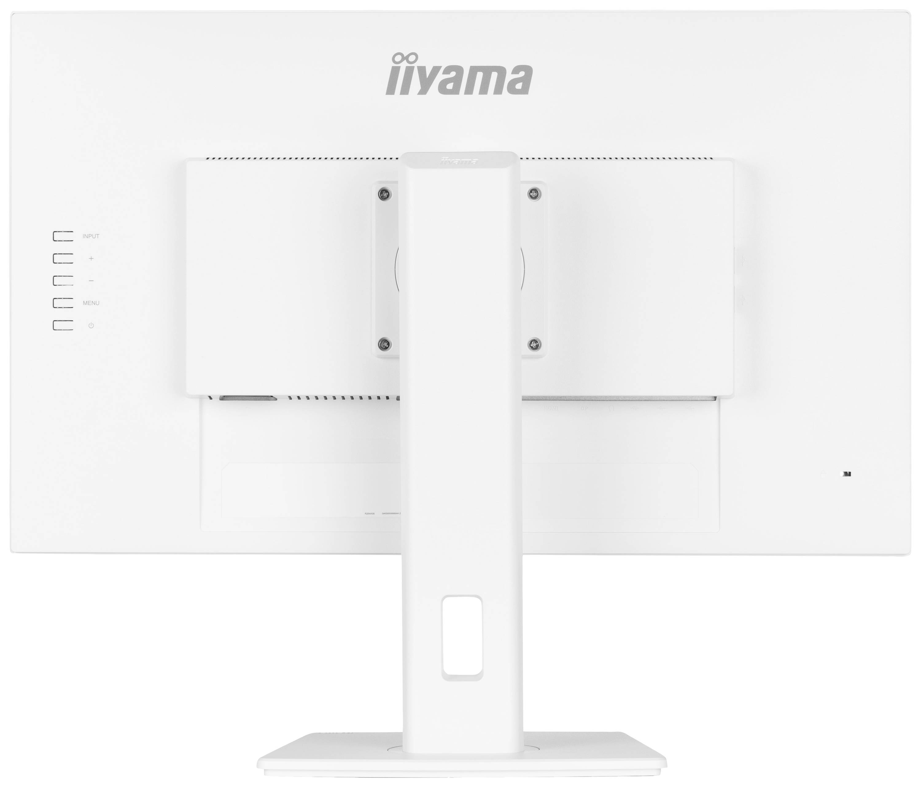 Achteraanzicht van een witte computerscherm van iiyama, met de standaard en verschillende aansluitingsmogelijkheden aan de linkerkant.