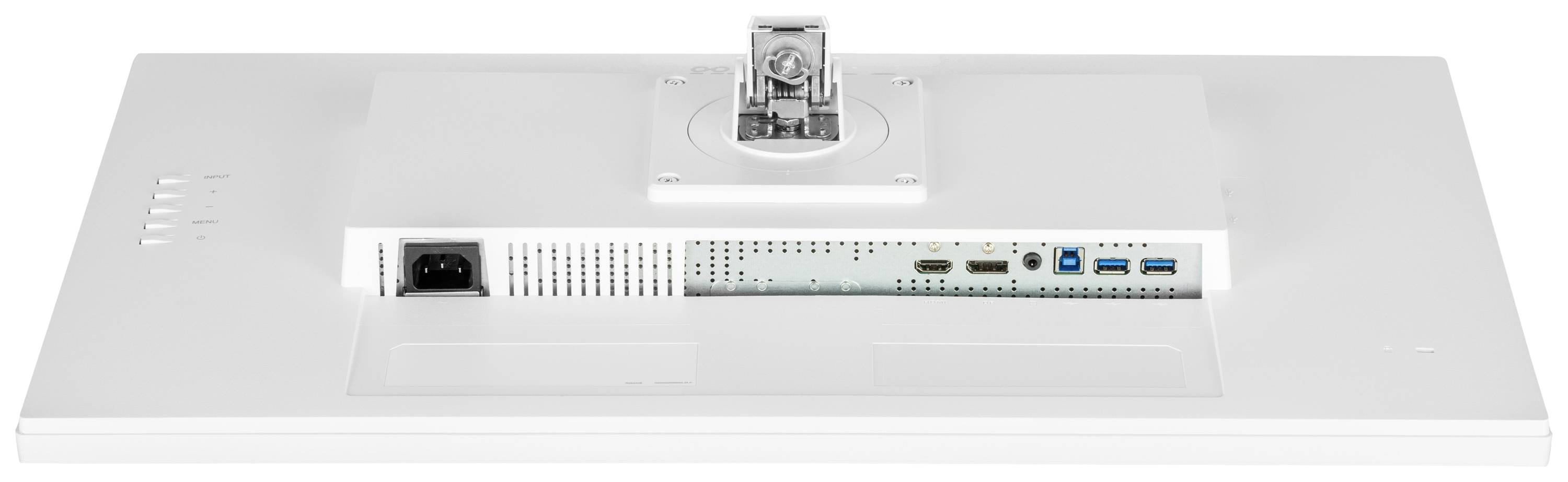 Achterkant van een monitor met verschillende aansluitingen, waaronder HDMI, USB en voedingsaansluiting.