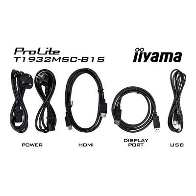 Het beeld toont vier kabels naast elkaar: 'POWER', 'HDMI', 'DISPLAY PORT', 'USB'. Merknaam 'iiyama' en model 'ProLite T1932MSC-B1S'.