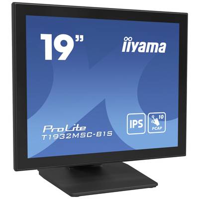 Een zwarte monitor van het merk iiyama. Op het scherm staat: '19"' en 'ProLite T1932MSC-B1S'. Hij ondersteunt IPS en is PCAP-compatibel.