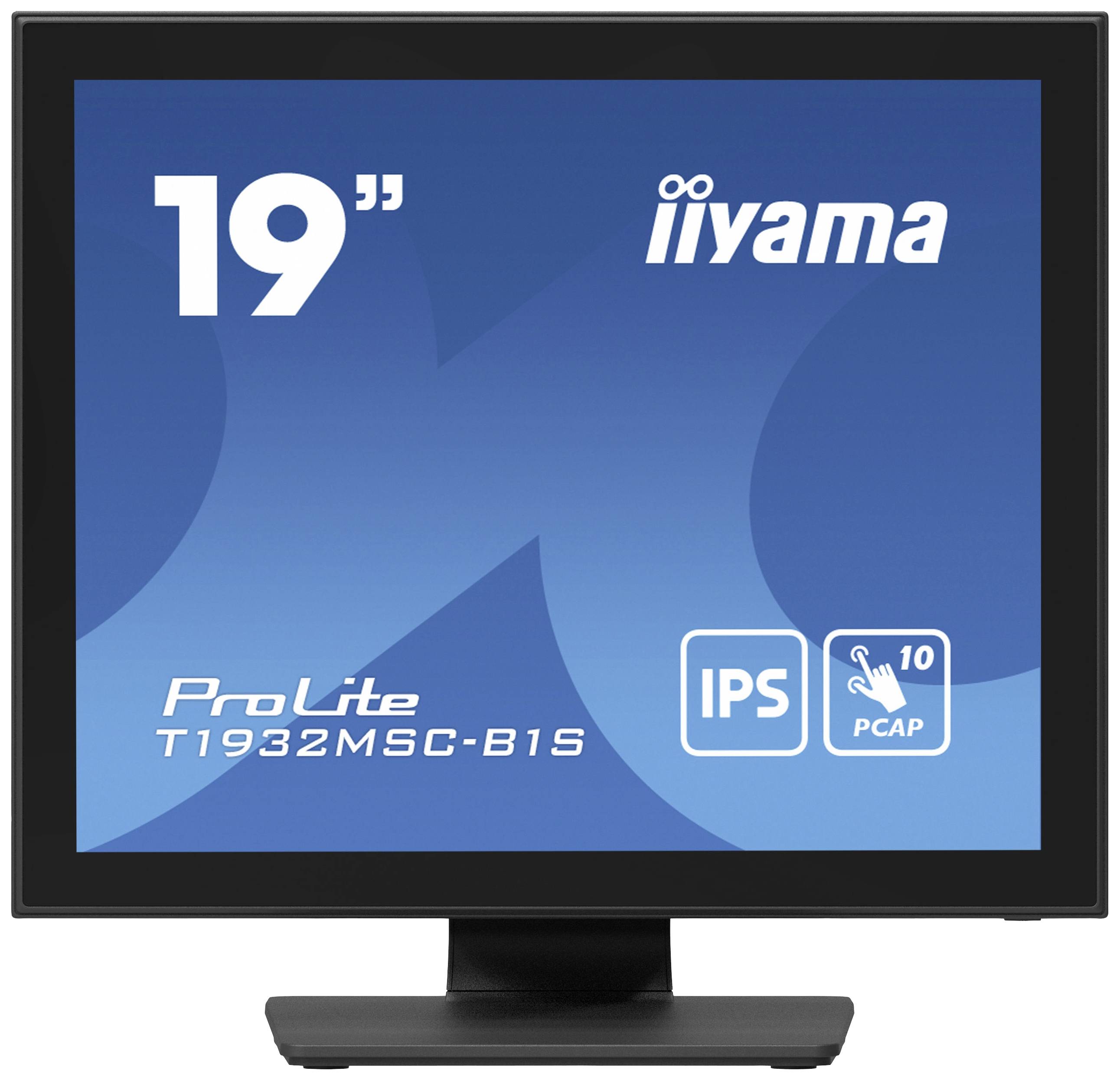Afbeelding van een 19-inch monitor van het merk iiyama, model 'ProLite T1932MSC-B1S', voorzien van een IPS-scherm en capacitieve aanraaktechnologie.