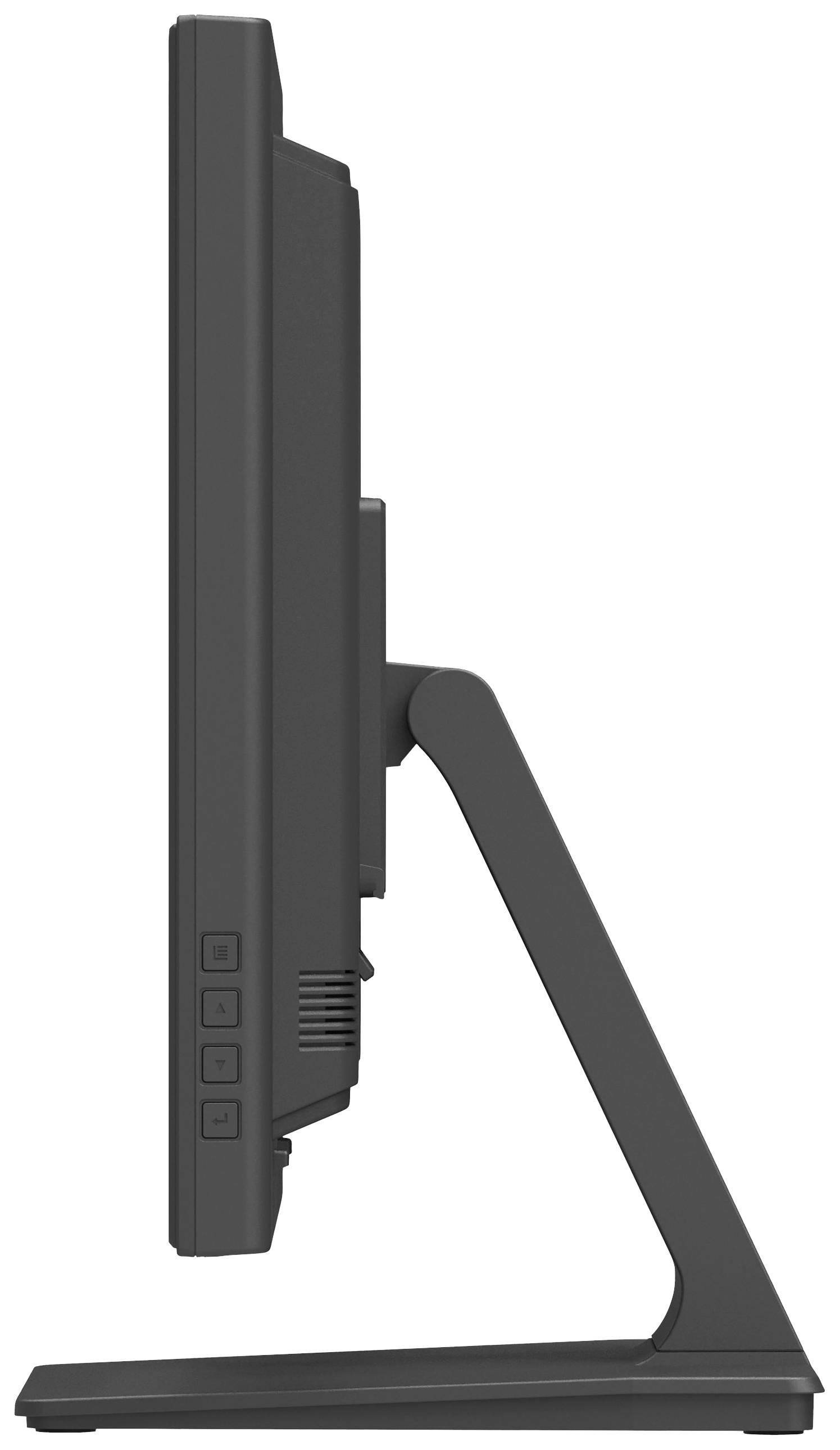 Zijaanzicht van een zwarte computermonitor met een plat design en een stevig voetstuk. Vier knoppen bevinden zich onderaan de rand.