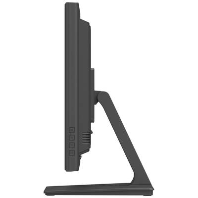 Zijaanzicht van een zwarte computermonitor met een plat design en een stevig voetstuk. Vier knoppen bevinden zich onderaan de rand.