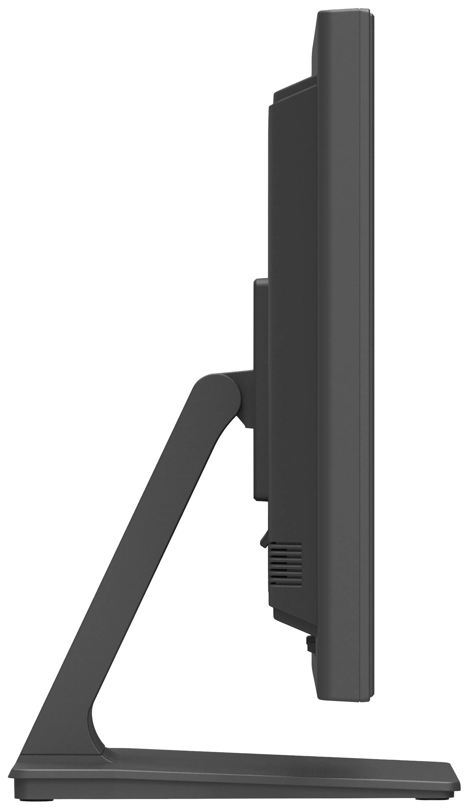 Zijaanzicht van een computerbeeldscherm met een rechthoekige voet, slanke rand. Monitor toont geen beeld.