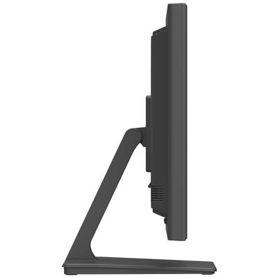 Zijaanzicht van een computerbeeldscherm met een rechthoekige voet, slanke rand. Monitor toont geen beeld.