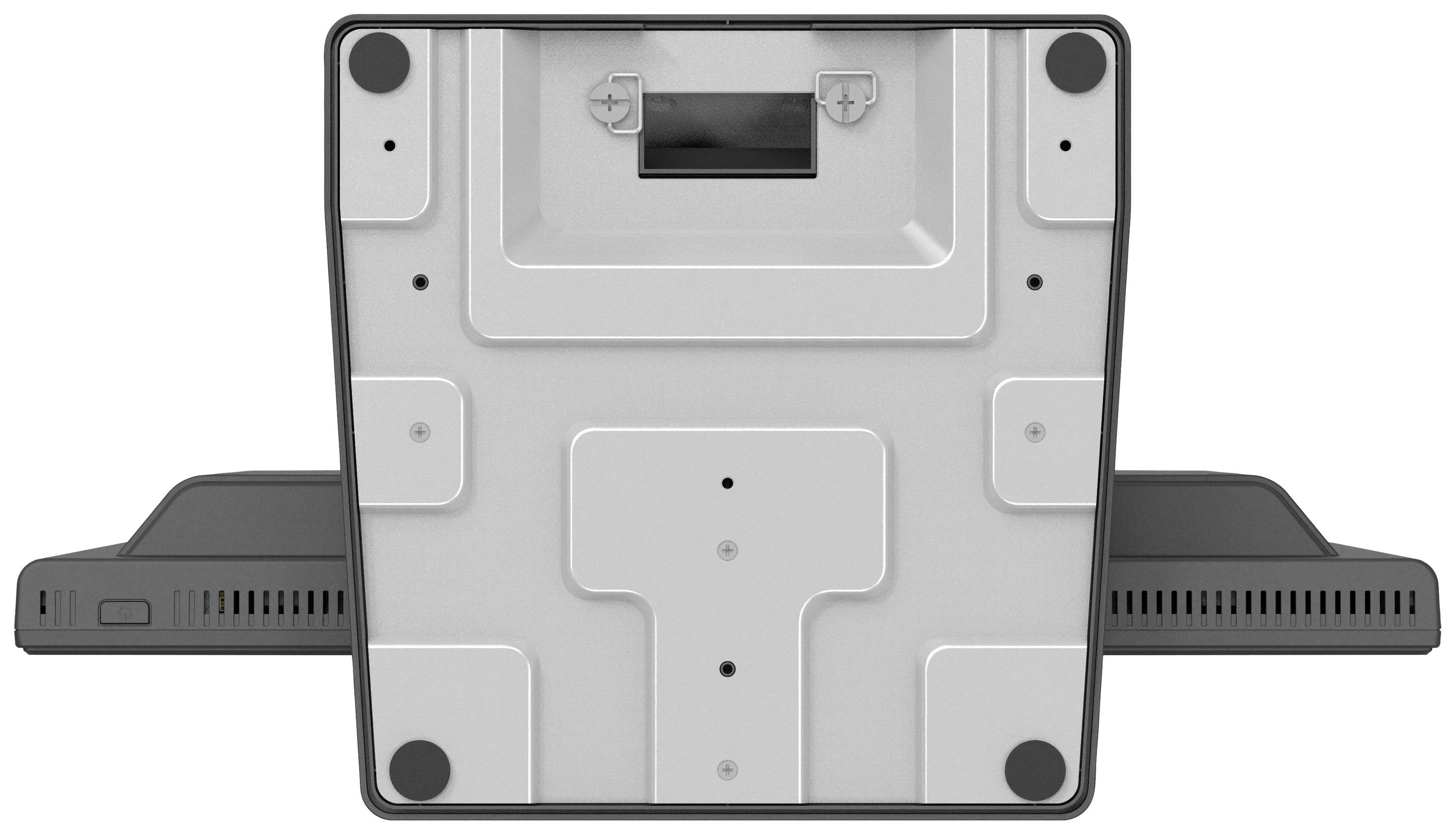 Aanzicht van de onderkant van een elektronisch apparaat met twee zijdelingse ventilatiesleuven en een bevestigingsmogelijkheid in het midden.