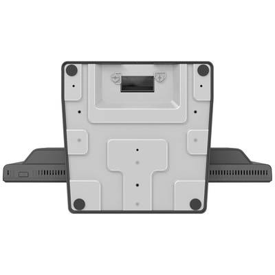 Aanzicht van de onderkant van een elektronisch apparaat met twee zijdelingse ventilatiesleuven en een bevestigingsmogelijkheid in het midden.