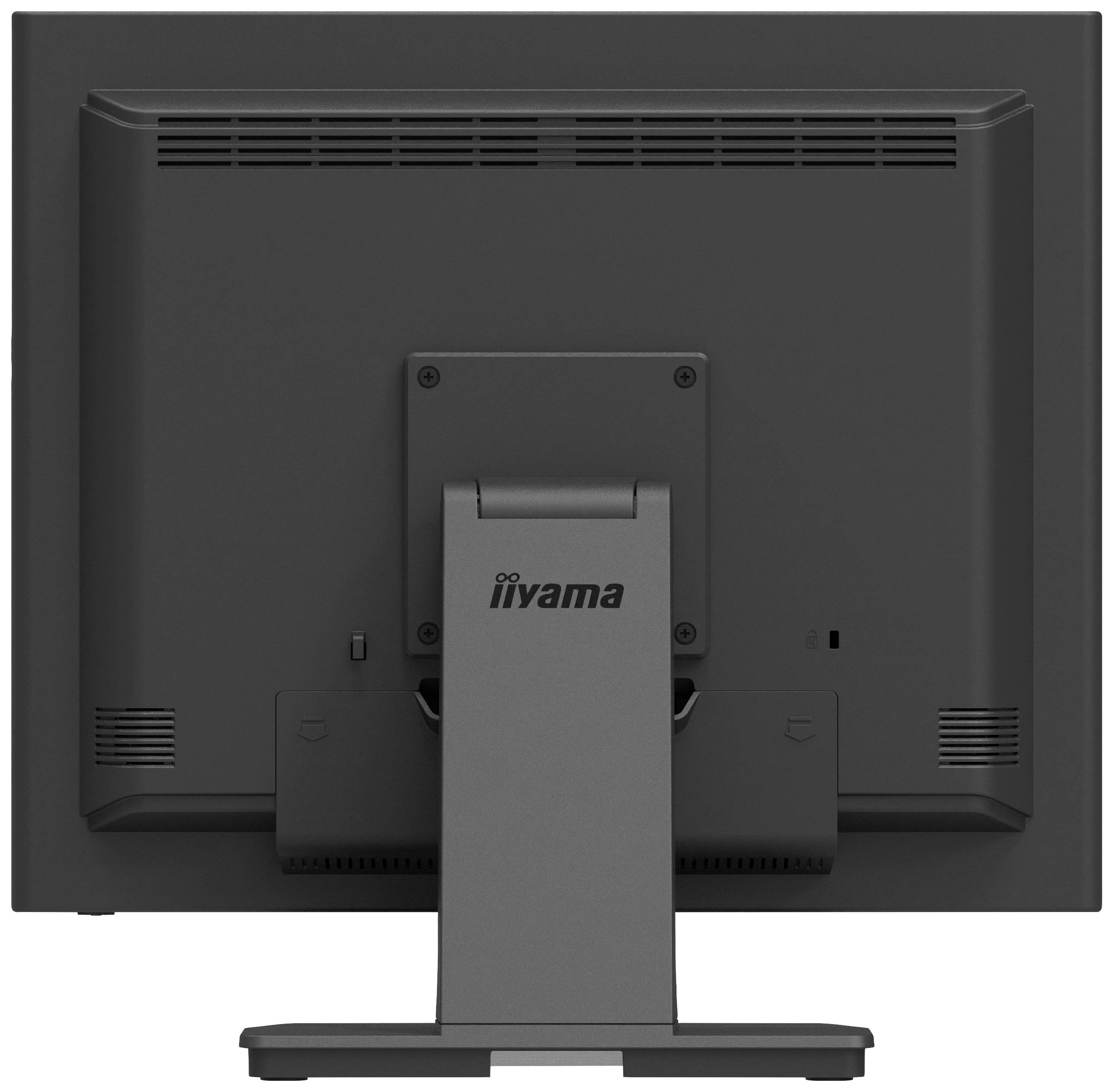 Een zwarte computermonitor van achteren, waarbij de standaard en enkele ventilatiesleuven bovenaan zichtbaar zijn.