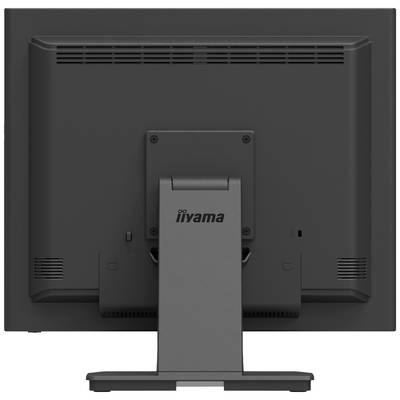 Een zwarte computermonitor van achteren, waarbij de standaard en enkele ventilatiesleuven bovenaan zichtbaar zijn.