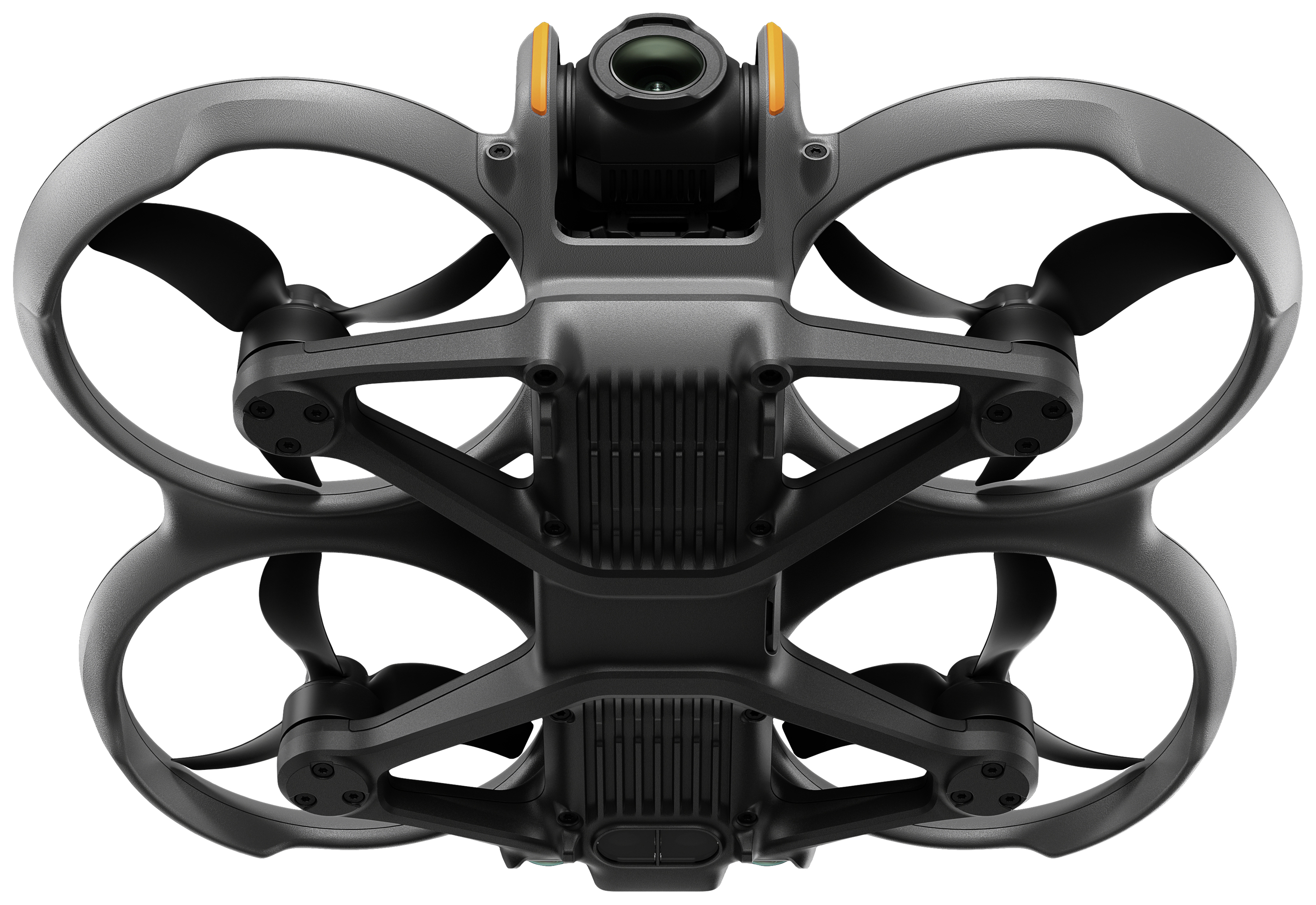 Een zwarte drone met vier rotoren en een cameralens eronder, gefotografeerd vanuit een onderaanzicht, toont het ontwerp en de rotorconfiguratie.