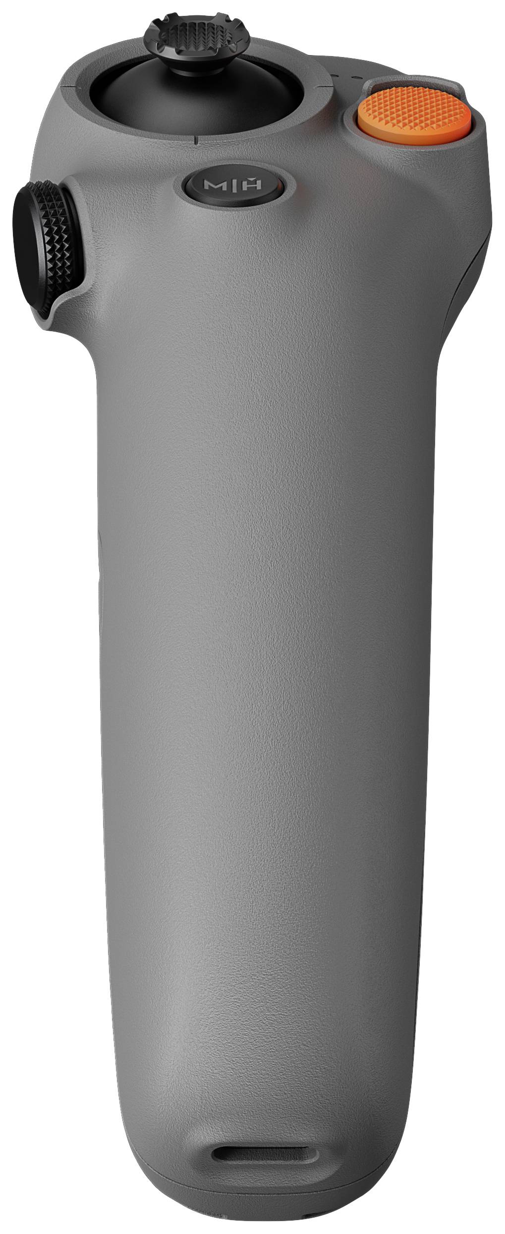 Grijze, compacte joystick-controller met zwarte besturingsstang, oranje knop en draaiknop aan de zijkant. Geschikt voor dronenbesturing.