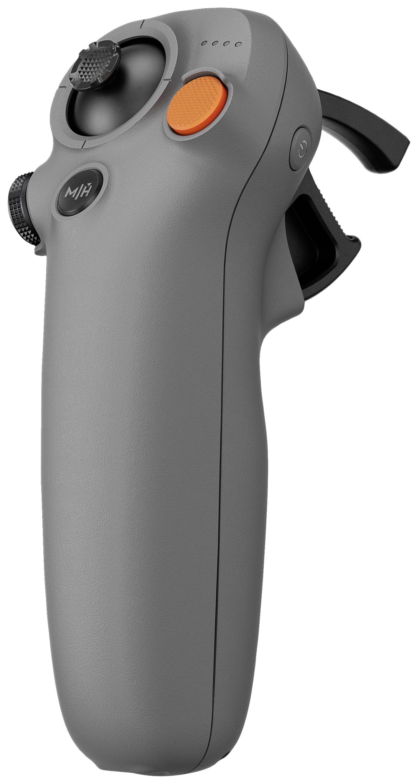 Grijze joystick met meerdere knoppen en een draaiknop, geschikt voor nauwkeurige besturing van elektronische apparaten of drones.