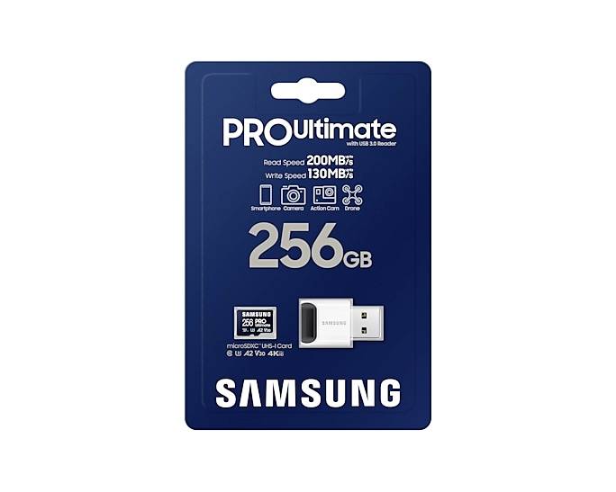 Verpakking van een Samsung PRO Ultimate microSD-kaart met 256 GB, leessnelheid van 200 MB/s en schrijfsnelheid van 130 MB/s.