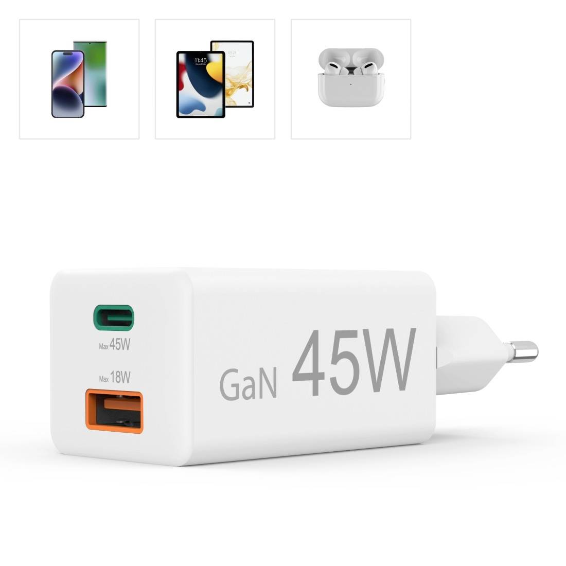 Een wit 45W GaN-oplader met twee poorten (USB-C 45W, USB-A 18W) voor snel opladen; bovenaan afbeeldingen van compatibele apparaten.
