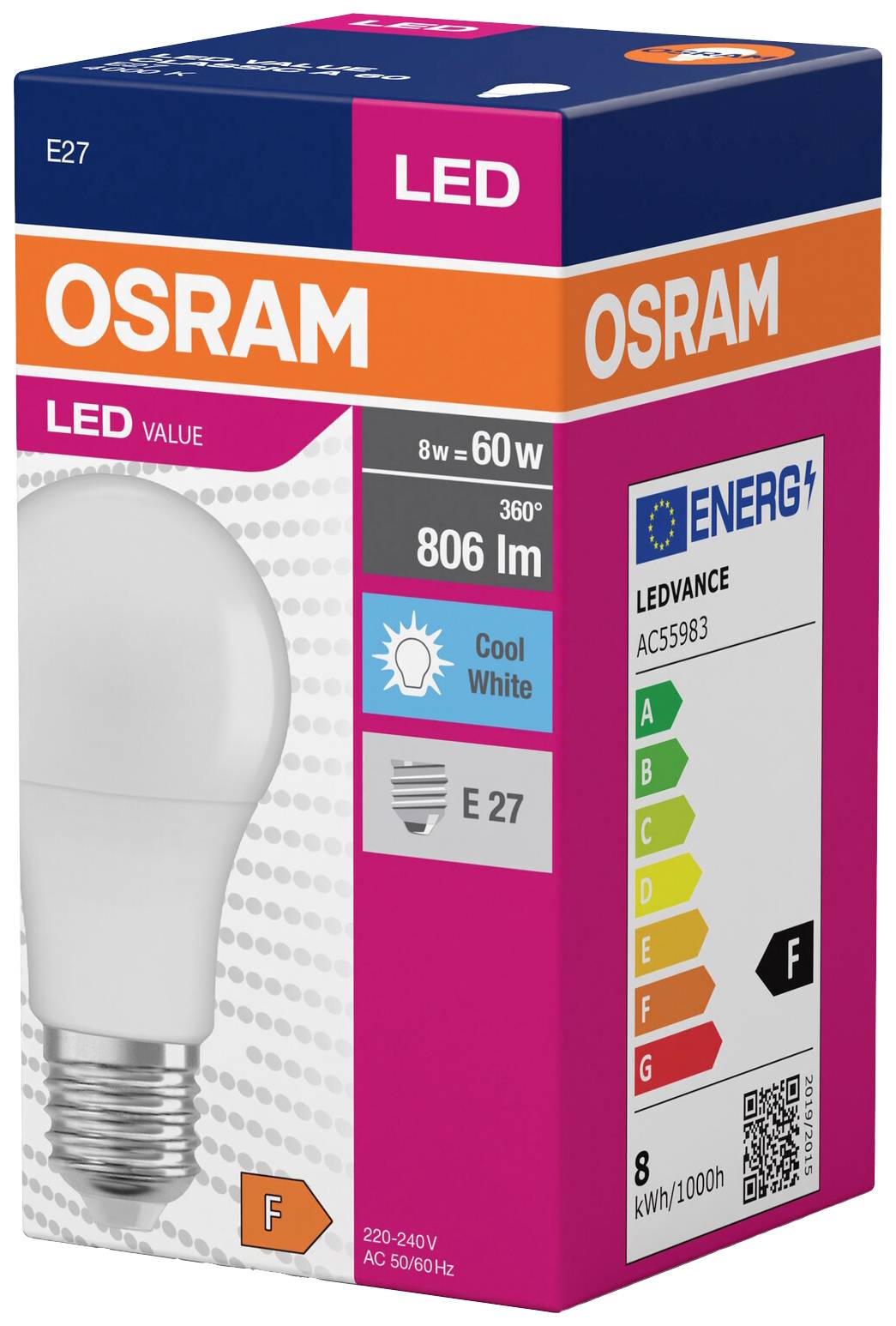 'Packaging of an Osram LED light bulb with 806 lumens, 8W equivalent to 60W, E27 socket, cool white. Energy efficiency class F.'