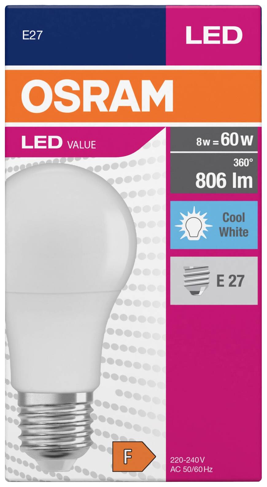 Een verpakking voor een OSRAM LED-lamp. Specificaties: 8W (equivalent aan 60W), 806 lumen, E27-fitting, koel wit licht, energieklasse F.