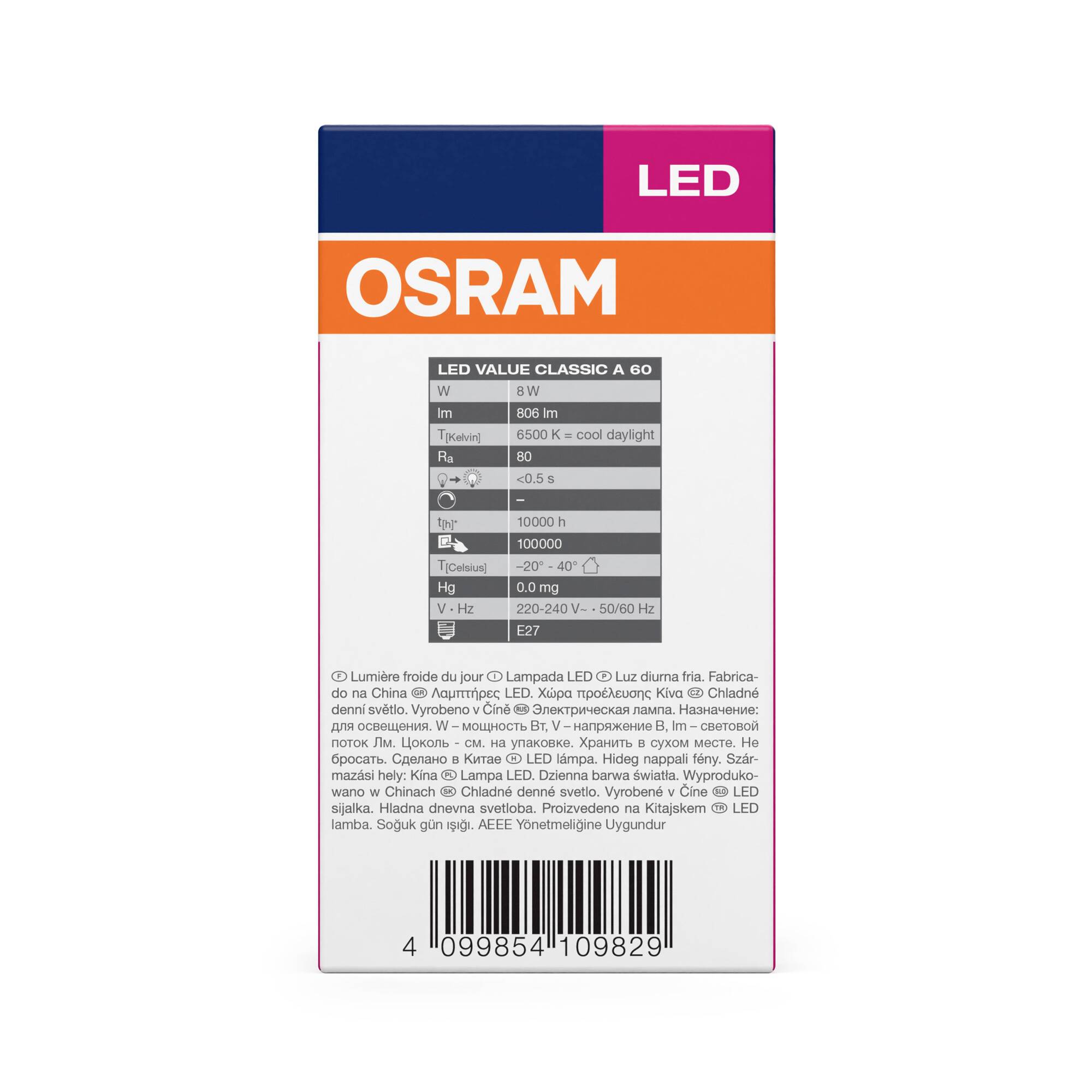 De verpakking toont een OSRAM LED-lamp, 806 lm, 60 W, koud wit, energieklasse E. Tekst in meerdere talen voor de productbeschrijving.