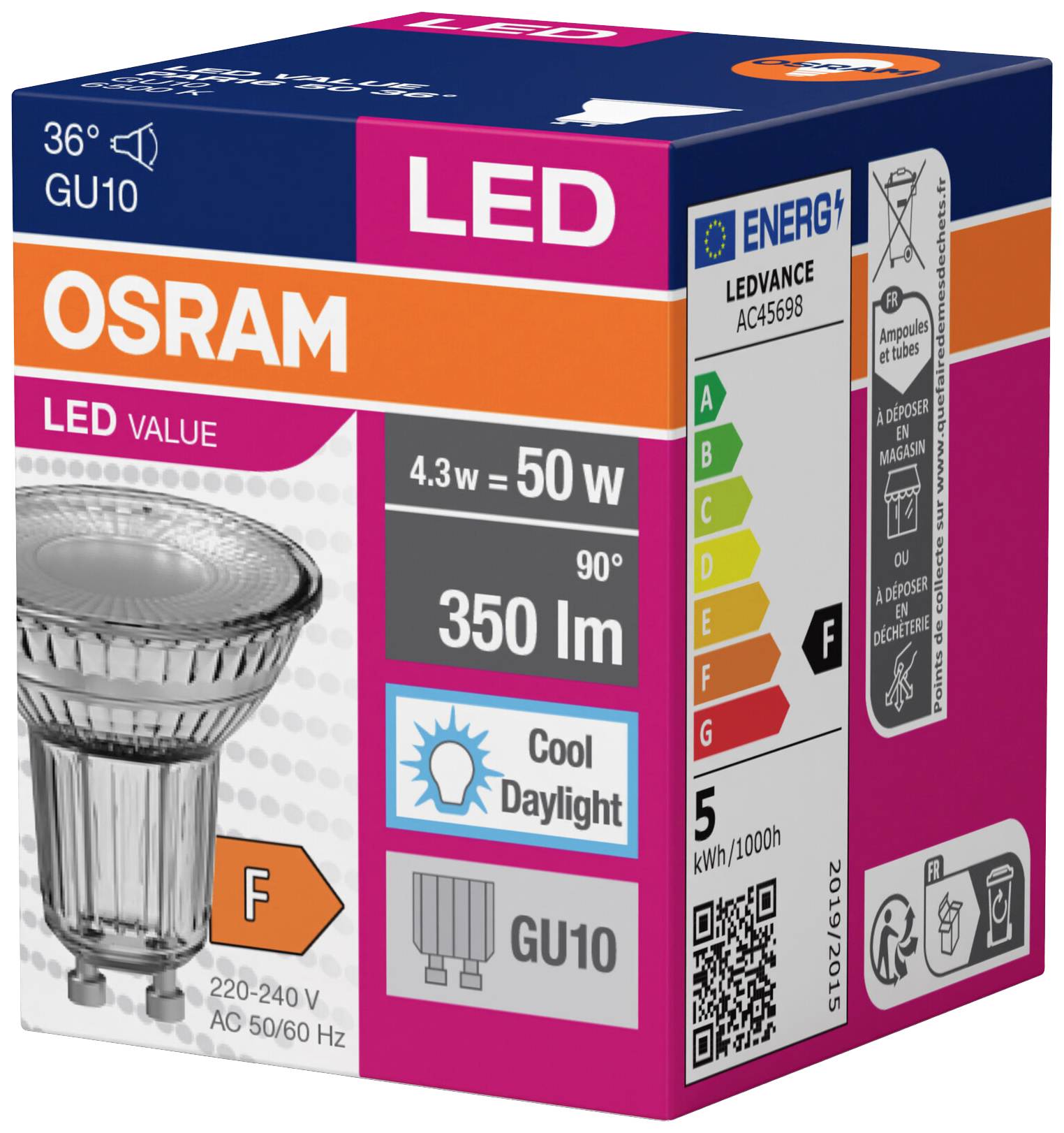 Een OSRAM LED-gloeilamp, 4,3W, 350 Lumen, Energieklasse F. Bevat energie-efficiëntieschaal, 36° stralingshoek, GU10-fitting en 'Koel daglicht'-aanduiding.