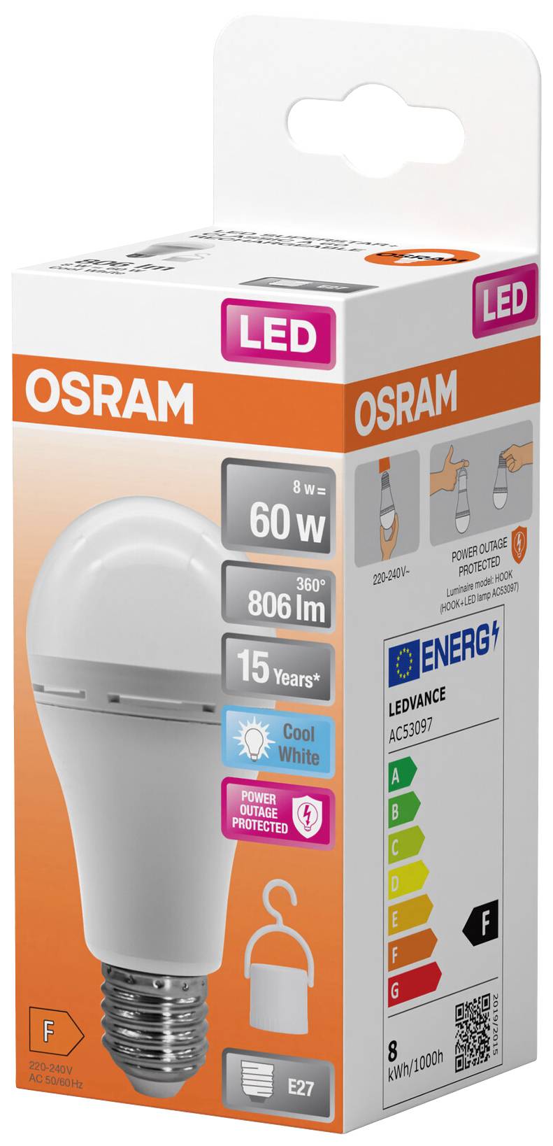 LED-lamp van OSRAM, 8W vervangt 60W, 806 lumen, koud wit, energieklasse F, 15 jaar levensduur, E27-fitting.