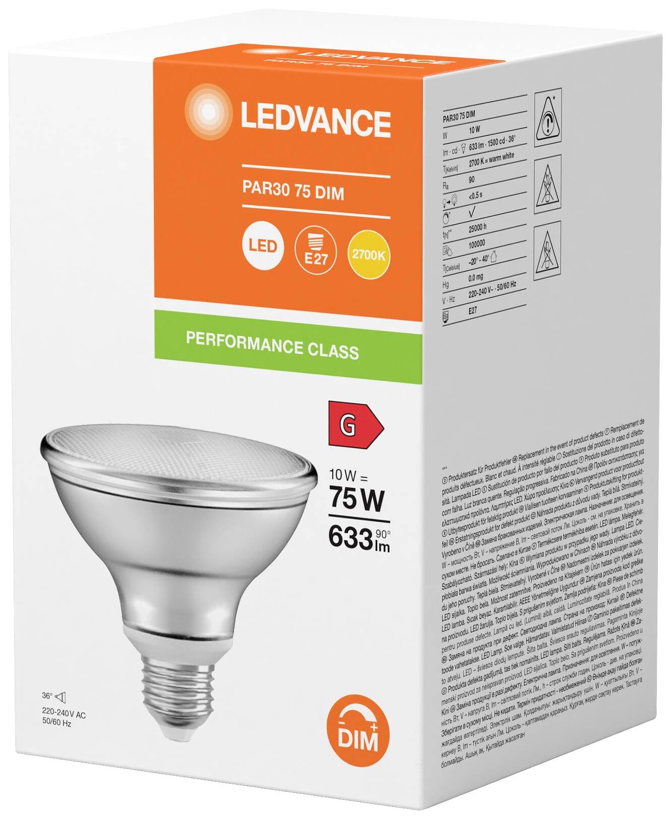 Verpakking van een LEDVANCE PAR30 75W DIM LED-lamp met E27-fitting. Energieklasse G, 633 Lumen, 2700K kleurtemperatuur.
