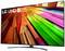 Een LG UHD AI ThinQ televisietoestel met een kleurrijk kleurenspectrum op het scherm, staand op een gebogen standaard.