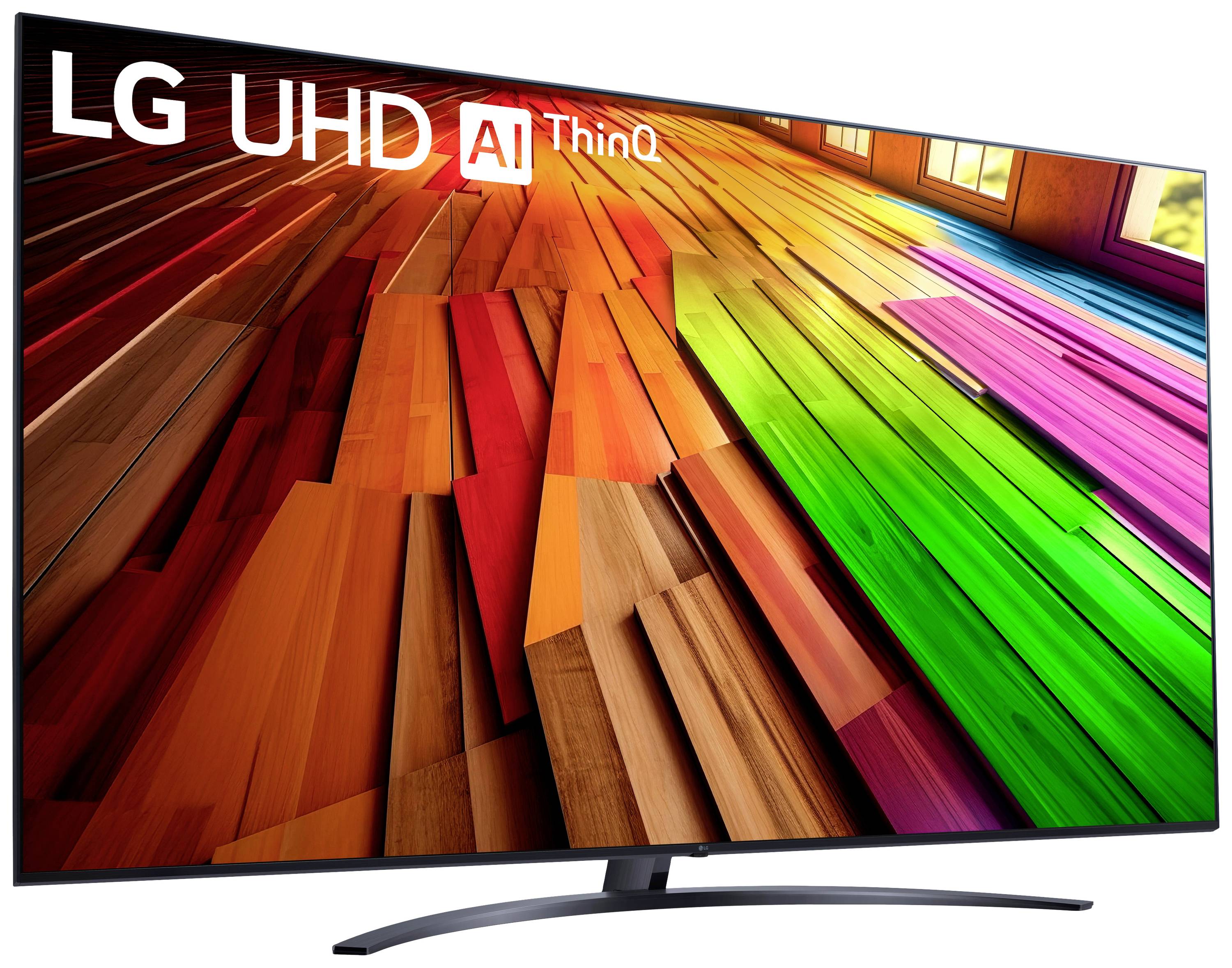 Platte LG UHD TV met levendig, kleurrijk display en 'AI ThinQ'-logo in de bovenhoek. Belangrijkste kenmerk: briljante kleurweergave.