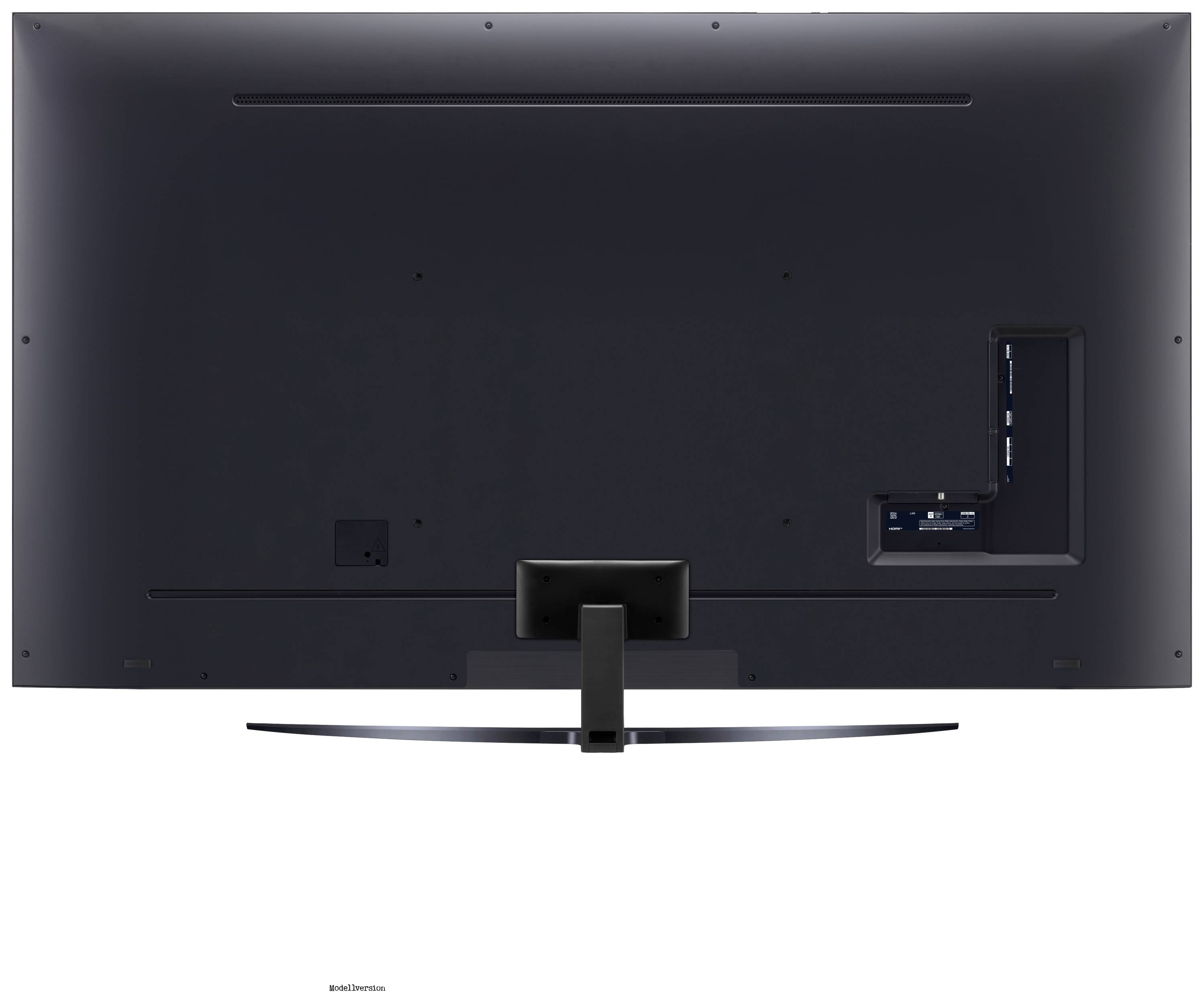 Achterkant van een grote flatscreen-tv met wandbeugel. Aansluitingen en een standaard zijn zichtbaar.